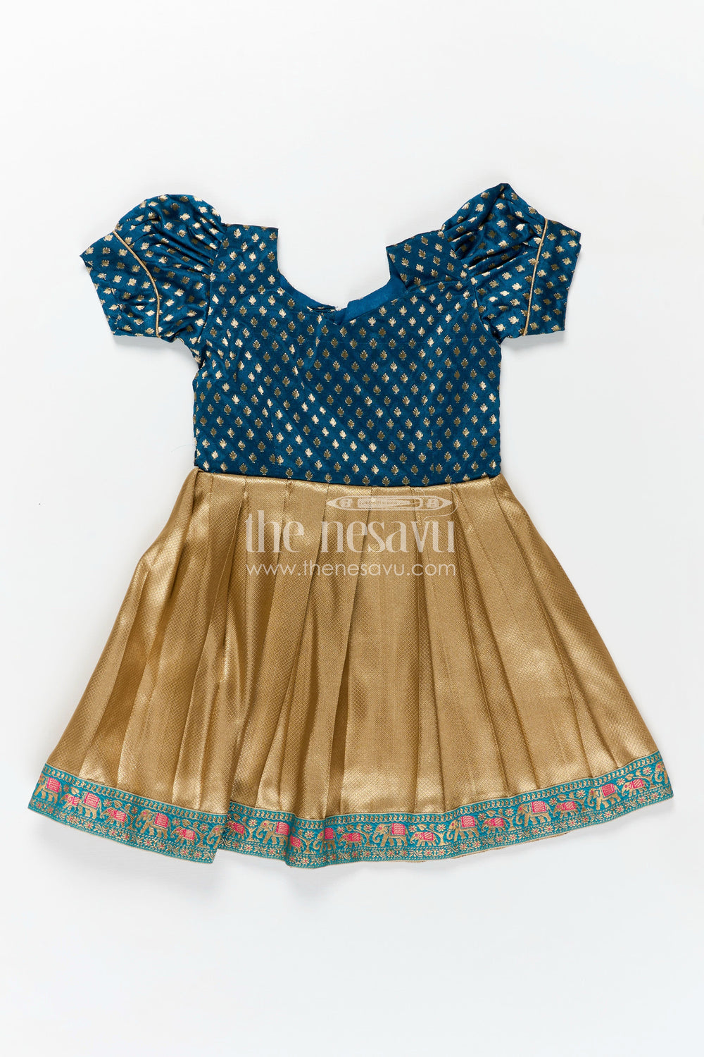 The Nesavu Silk Frock Banarasi Silk Frocks for Girls with Navy Blue Butta Yoke and Golden Pleated Skirt Featuring Elephant Border Nesavu 16 (1Y) / Blue SF1028A-16 Nesavu Banarasi Silk Frocks Girls Navy Yoke Golden Skirt Elephant Border Detail