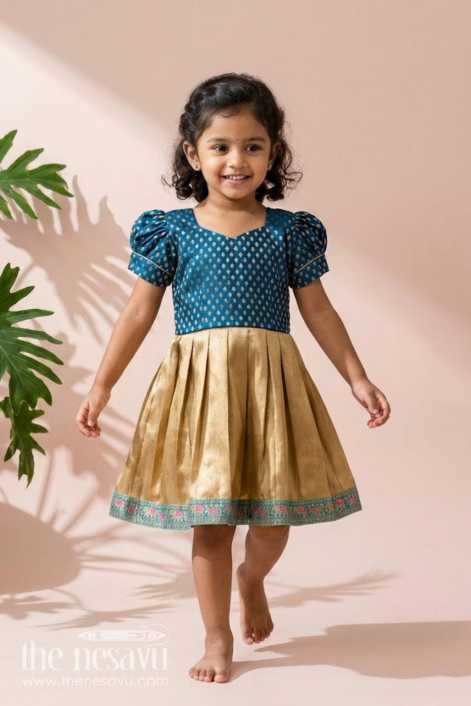 The Nesavu Silk Frock Banarasi Silk Frocks for Girls with Navy Blue Butta Yoke and Golden Pleated Skirt Featuring Elephant Border Nesavu 16 (1Y) / Blue SF1028A-16 Nesavu Banarasi Silk Frocks Girls Navy Yoke Golden Skirt Elephant Border Detail