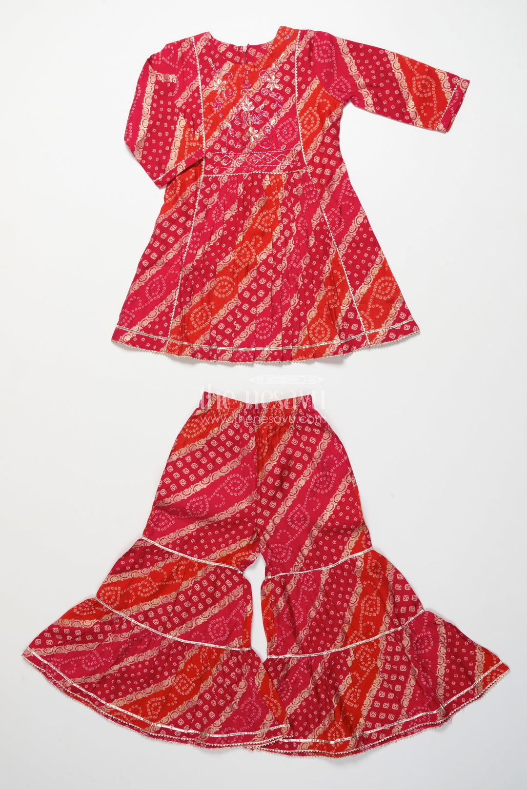 The Nesavu Girls Sharara / Plazo Set Bandhani-Inspired Festive Sharara Set with Layered Flare Nesavu 24 (5Y) / Red GPS879A-24 Nesavu girls bandhani style festive sharara set peplum kurta layered pants