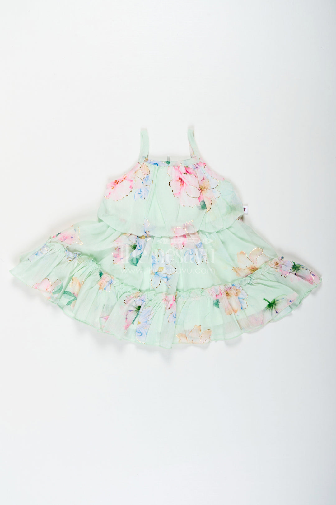 The Nesavu Baby Fancy Frock Beach Frocks for Baby Girls in Light Green Floral Georgette with Sun Hat and Layered Ruffles Nesavu 14 (6M) / Green BFJ785B-14 Nesavu Beach Frocks Baby Girls Green Georgette Floral Print Matching Hat