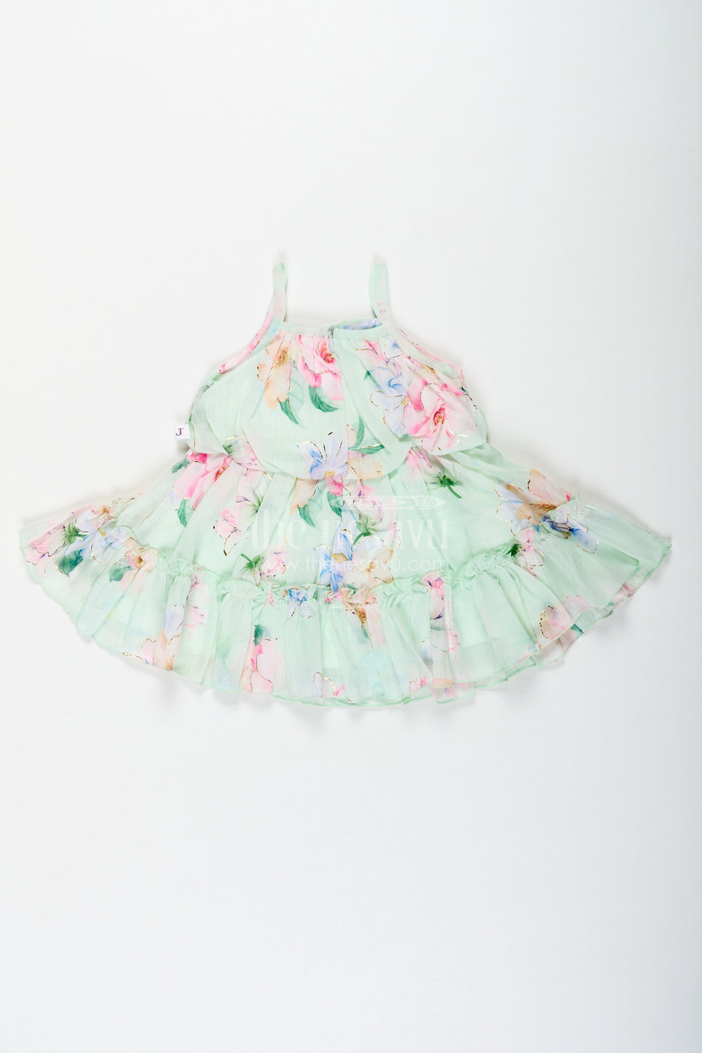 The Nesavu Baby Fancy Frock Beach Frocks for Baby Girls in Light Green Floral Georgette with Sun Hat and Layered Ruffles Nesavu Nesavu Beach Frocks Baby Girls Green Georgette Floral Print Matching Hat