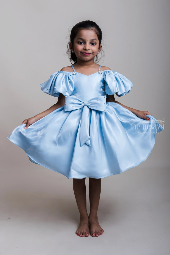 The Nesavu Party Frock Beads Embellished Blissful Blue Designer Silk Satin Frocks For Girls Nesavu 16 (1Y) / Blue PF105A-16 New Designer Party Frock Ideas | Pongal Collection 2023 | The Nesavu