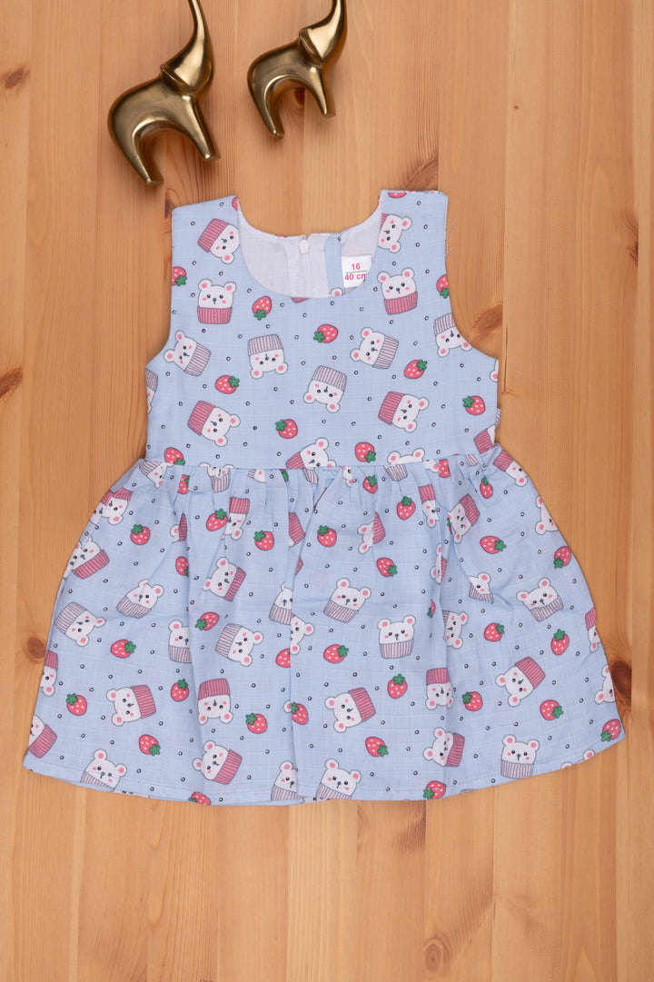 The Nesavu Baby Cotton Frocks Bear & Cupcake Cotton Muslin Dress Blue Delight for Baby Girls Nesavu 16 (1Y) / Blue / Cotton BFJ440C-16 Cartoon Printed Frock Online | Buy Fancy Frock for Kids | the Nesavu
