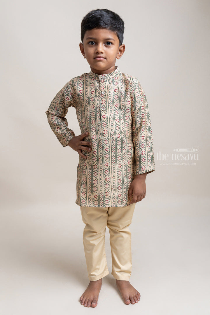 The Nesavu Boys Kurtha Set Beautiful Beige Tribal Printed Kurta And Solid Beige Pant For Boys Nesavu 14 (6M) / Beige / Modal BES317B Make a Statement with The Nesavu's Fashionable Ethnic Wear for Boys | The Nesavu