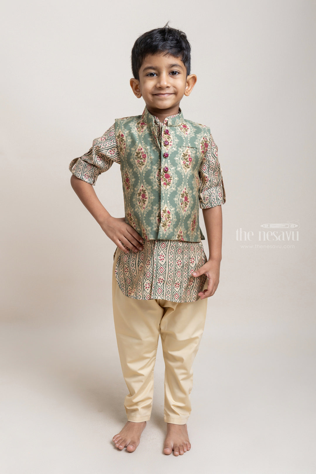 The Nesavu Boys Jacket Sets Beautiful Beige Tribal Printed Kurta Set With Green Floral Printed Over Coat For Boys Nesavu 10 (NB) / Green / Modal BES313B Discover the Best Collection of Boys' Ethnic Wear at The Nesavu | The Nesavu