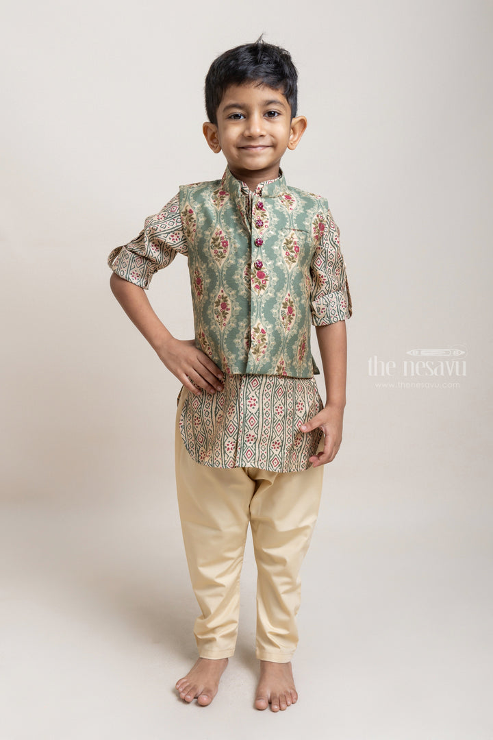 The Nesavu Boys Jacket Sets Beautiful Beige Tribal Printed Kurta Set With Green Floral Printed Over Coat For Boys Nesavu 10 (NB) / Green / Modal BES313B Discover the Best Collection of Boys' Ethnic Wear at The Nesavu | The Nesavu