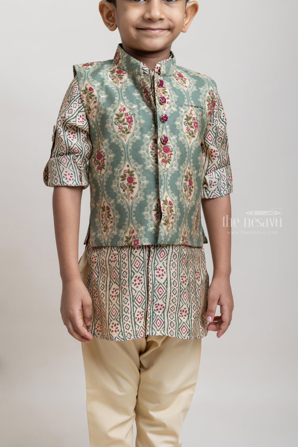 The Nesavu Boys Jacket Sets Beautiful Beige Tribal Printed Kurta Set With Green Floral Printed Over Coat For Boys Nesavu Discover the Best Collection of Boys' Ethnic Wear at The Nesavu | The Nesavu