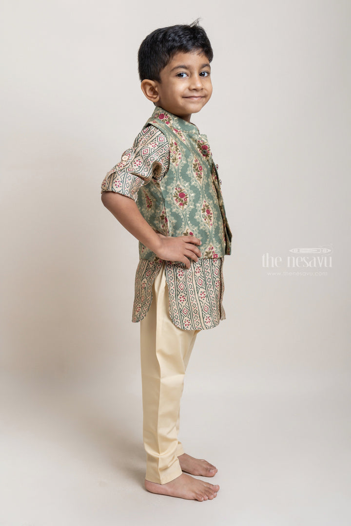 The Nesavu Boys Jacket Sets Beautiful Beige Tribal Printed Kurta Set With Green Floral Printed Over Coat For Boys Nesavu Discover the Best Collection of Boys' Ethnic Wear at The Nesavu | The Nesavu
