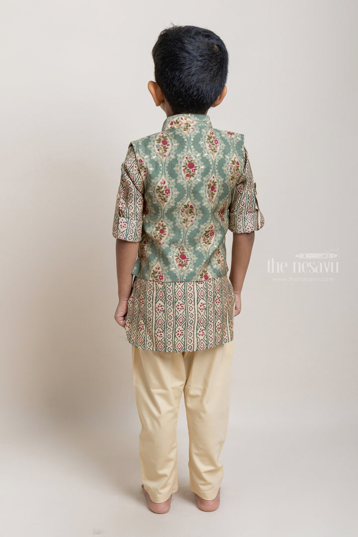 The Nesavu Boys Jacket Sets Beautiful Beige Tribal Printed Kurta Set With Green Floral Printed Over Coat For Boys Nesavu Discover the Best Collection of Boys' Ethnic Wear at The Nesavu | The Nesavu