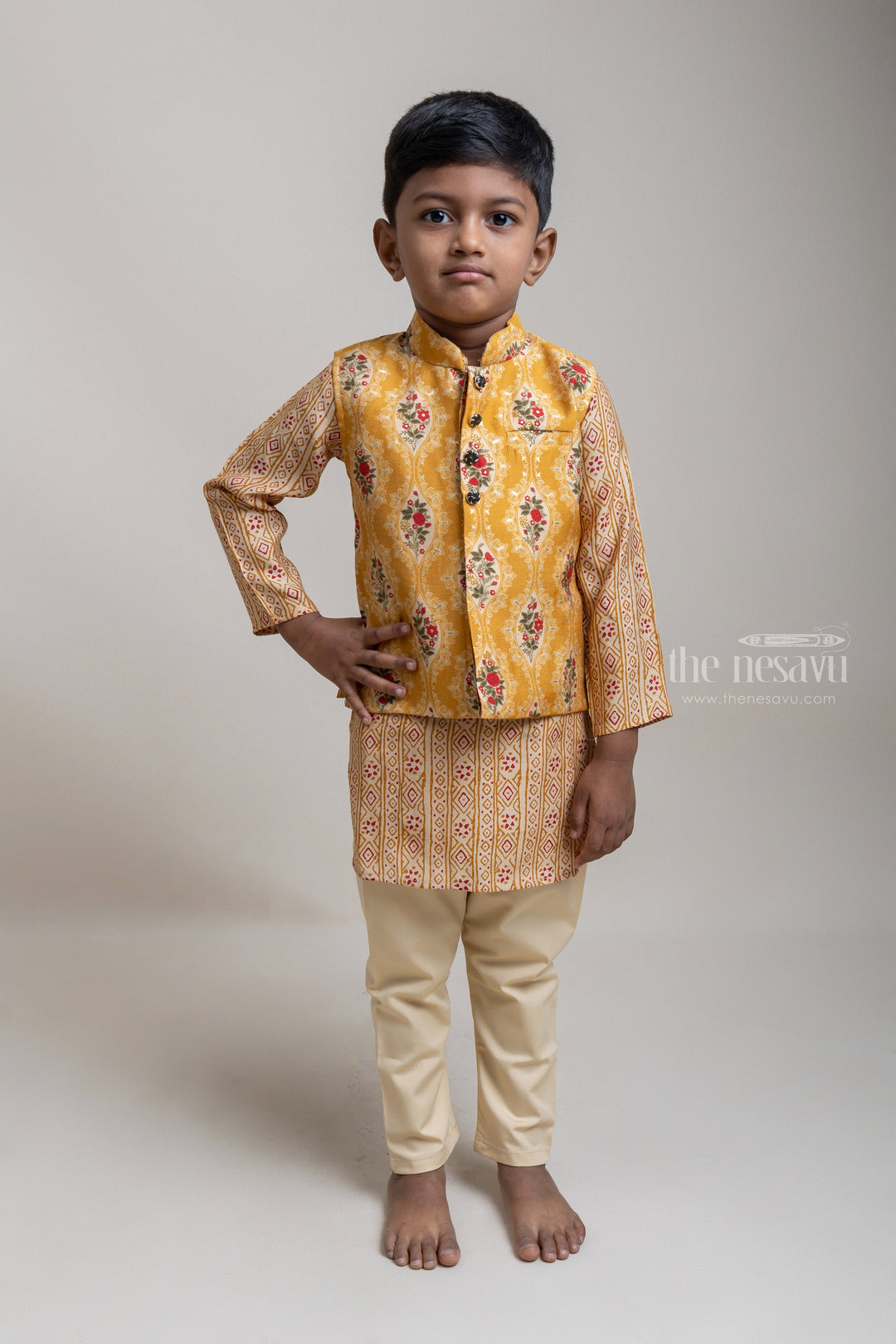 The Nesavu Boys Jacket Sets Beautiful Beige Tribal Printed Kurta Set With Yellow Floral Printed Over Coat For Boys Nesavu 10 (NB) / Beige / Modal BES313A Upgrade Your Boy's Ethnic Wardrobe with The Nesavu's Kurta Collection | The Nesavu