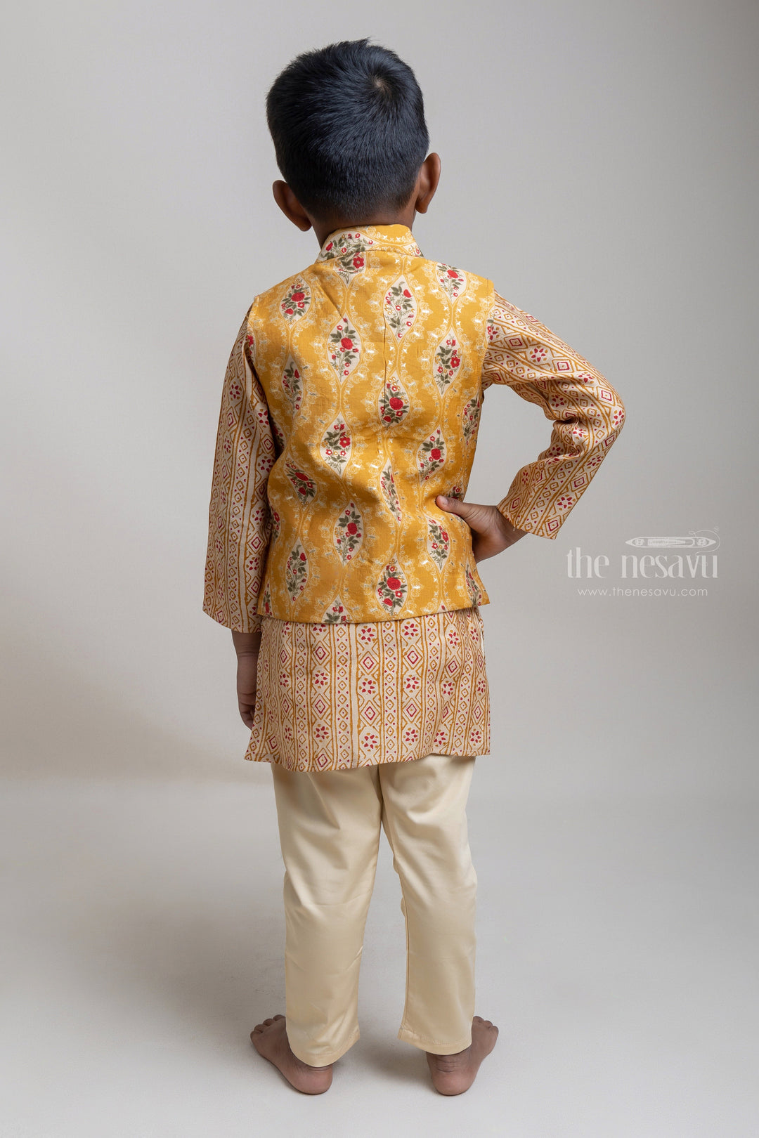 The Nesavu Boys Jacket Sets Beautiful Beige Tribal Printed Kurta Set With Yellow Floral Printed Over Coat For Boys Nesavu Upgrade Your Boy's Ethnic Wardrobe with The Nesavu's Kurta Collection | The Nesavu