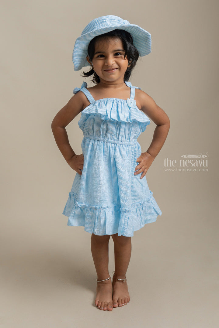 The Nesavu Baby Cotton Frocks Beautiful Blue Striped Ruffled Pattern Frock With Matching Cap For Girls Nesavu 14 (6M) / Blue / Cotton BFJ350C Affordable baby cotton frocks | Premium Frocks Online | The Nesavu