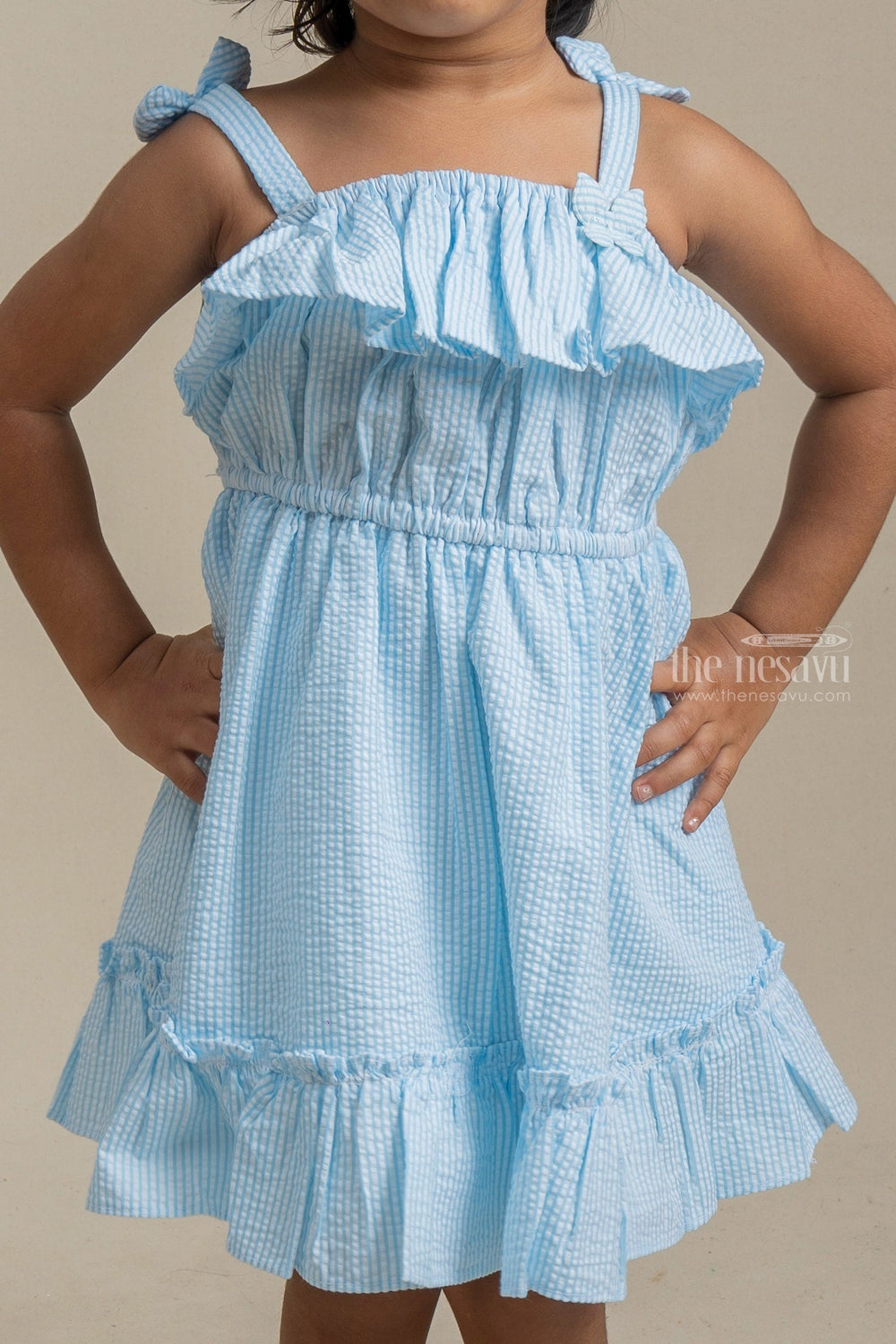 The Nesavu Baby Cotton Frocks Beautiful Blue Striped Ruffled Pattern Frock With Matching Cap For Girls Nesavu Affordable baby cotton frocks | Premium Frocks Online | The Nesavu