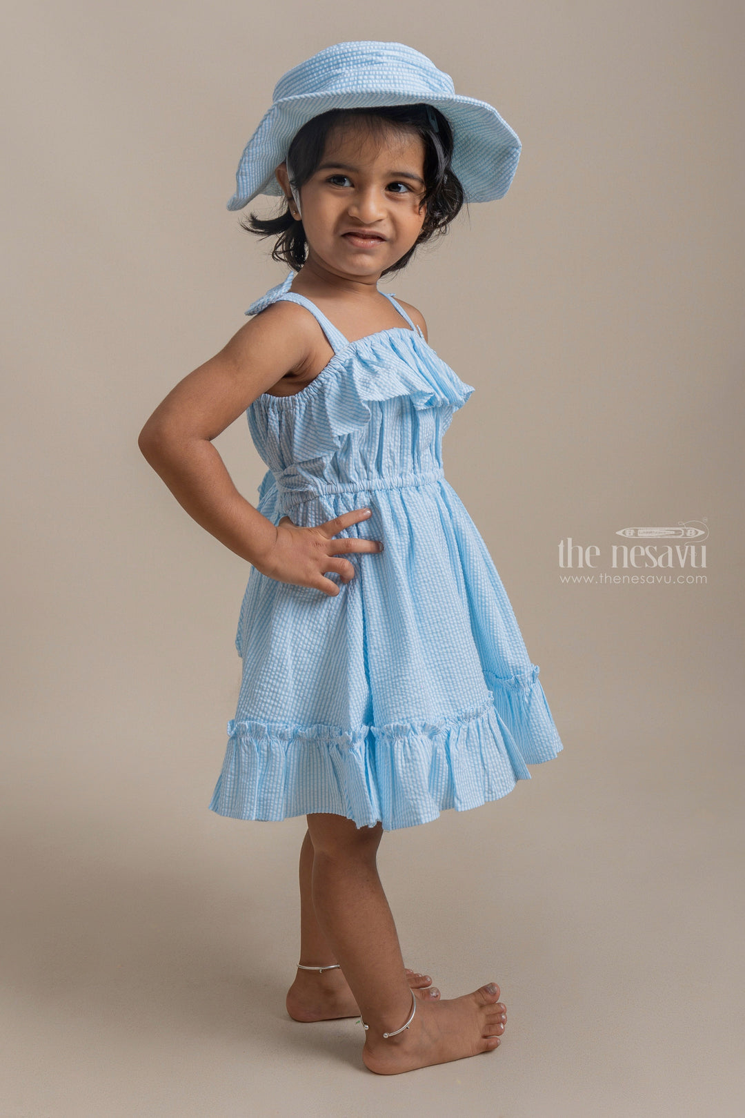 The Nesavu Baby Cotton Frocks Beautiful Blue Striped Ruffled Pattern Frock With Matching Cap For Girls Nesavu Affordable baby cotton frocks | Premium Frocks Online | The Nesavu