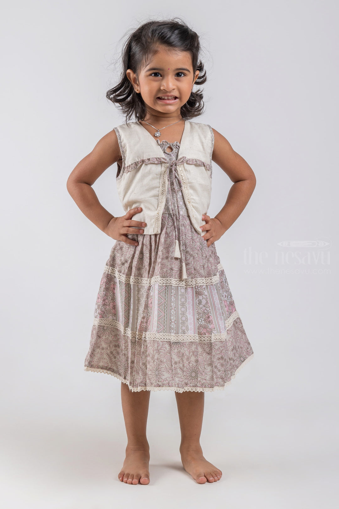 The Nesavu Girls Cotton Frock Beautiful Brown Floral Printed Pleated Girls Casual Cotton Frock With Overcoat Design psr silks Nesavu 16 (1Y) / Brown / Chanderi GFC1001A