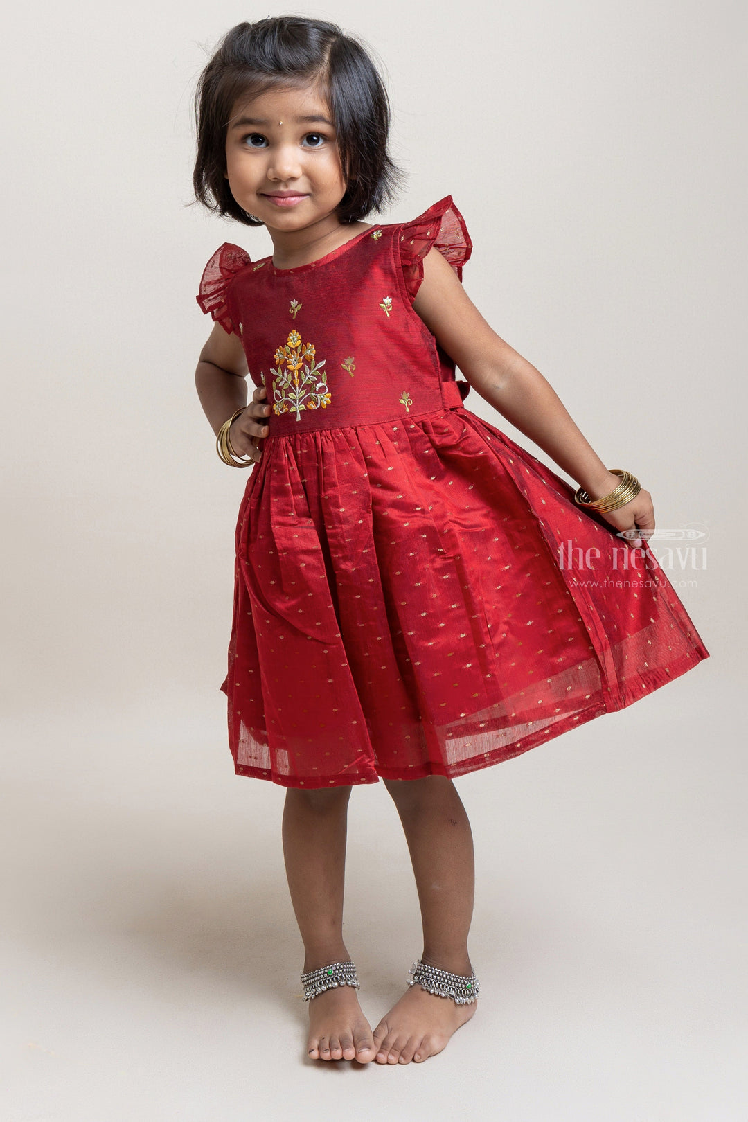 The Nesavu Girls Fancy Frock Beautiful Cherry Red Floral Embroidery Chanderi Frock For Girls Nesavu 16 (1Y) / Maroon / Chanderi GFC997B-16 Maroon Cotton Frock For Girls | Trendy Girls Collection | The Nesavu