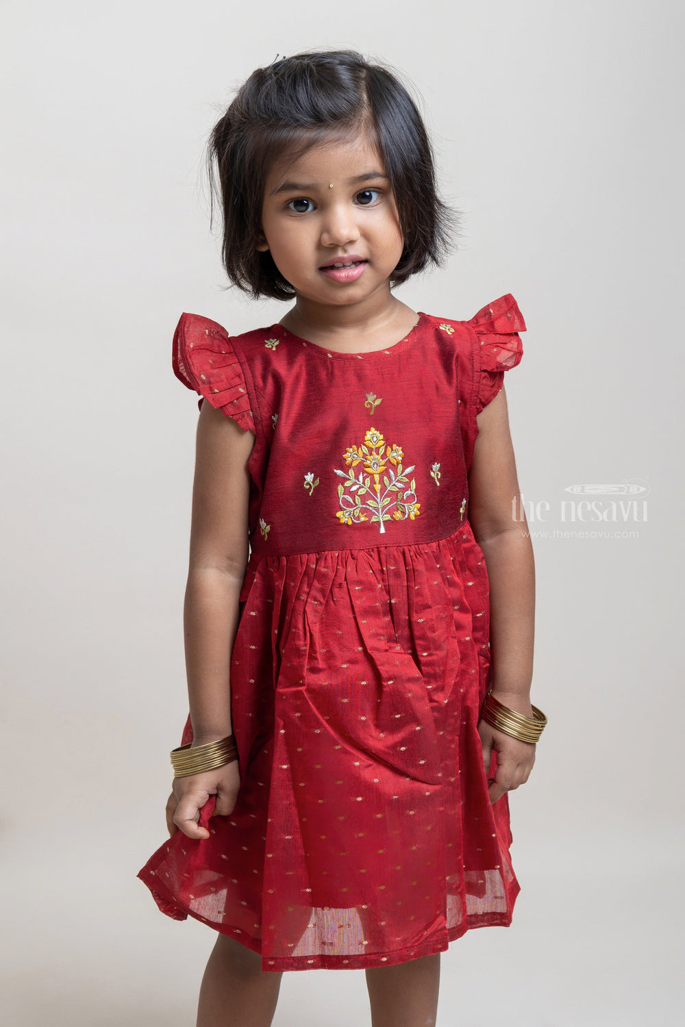 The Nesavu Girls Fancy Frock Beautiful Cherry Red Floral Embroidery Chanderi Frock For Girls Nesavu Maroon Cotton Frock For Girls | Trendy Girls Collection | The Nesavu