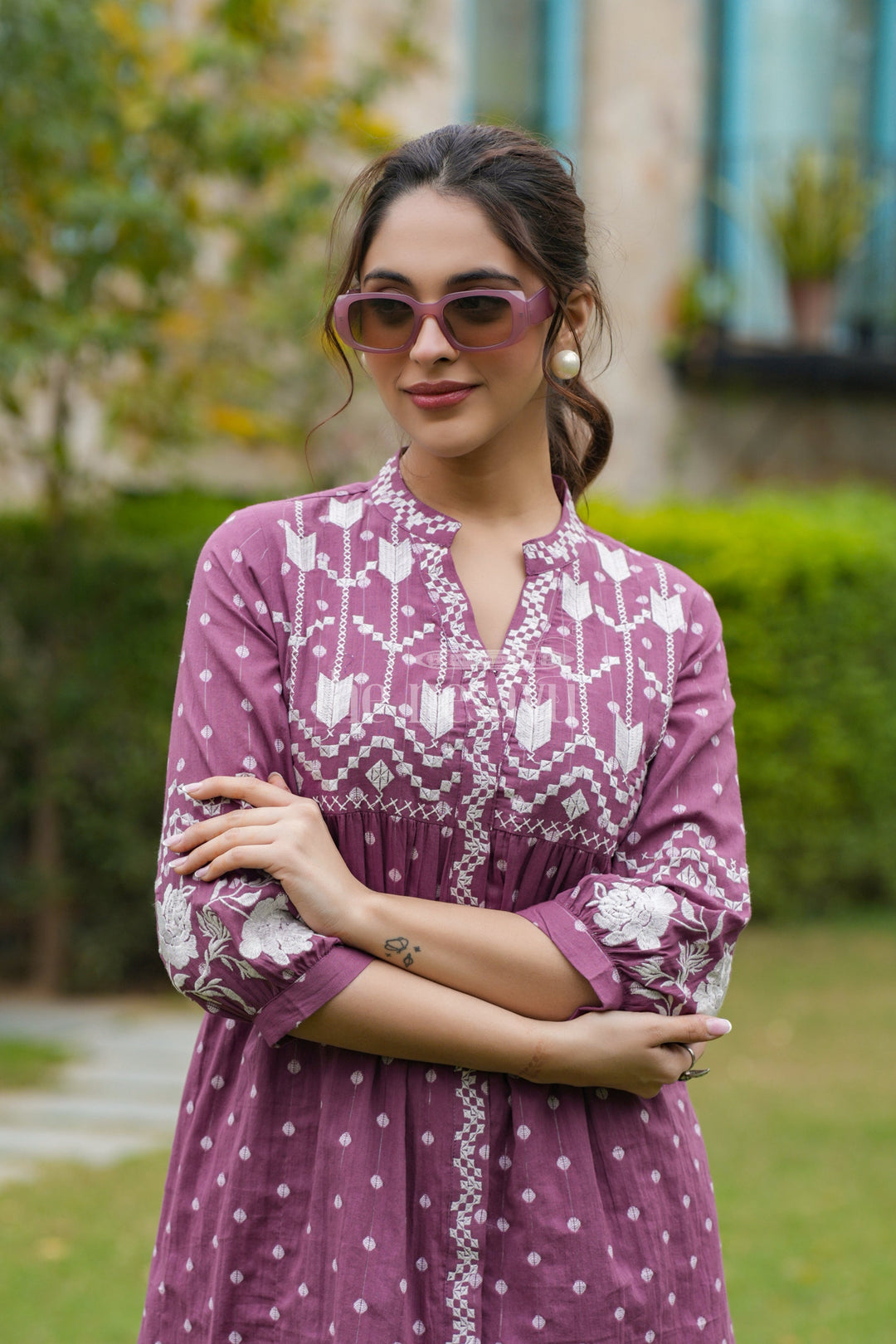 Maroon Cotton Flared Beautiful Dresses Ladies White Embroidery Polka Dot Detailing | The Nesavu The Nesavu Maroon Cotton Flared Beautiful Dresses Ladies White Embroidery Polka Dot Detailing | The Nesavu The Nesavu