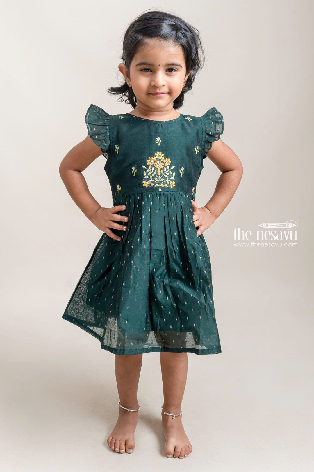 The Nesavu Girls Fancy Frock Beautiful Dark Green Floral Embroidery Chanderi Frock For Girls Nesavu 16 (1Y) / Green / Chanderi GFC997A-16 Green Cotton Frock For Girls | Trendy Girls Collection | The Nesavu