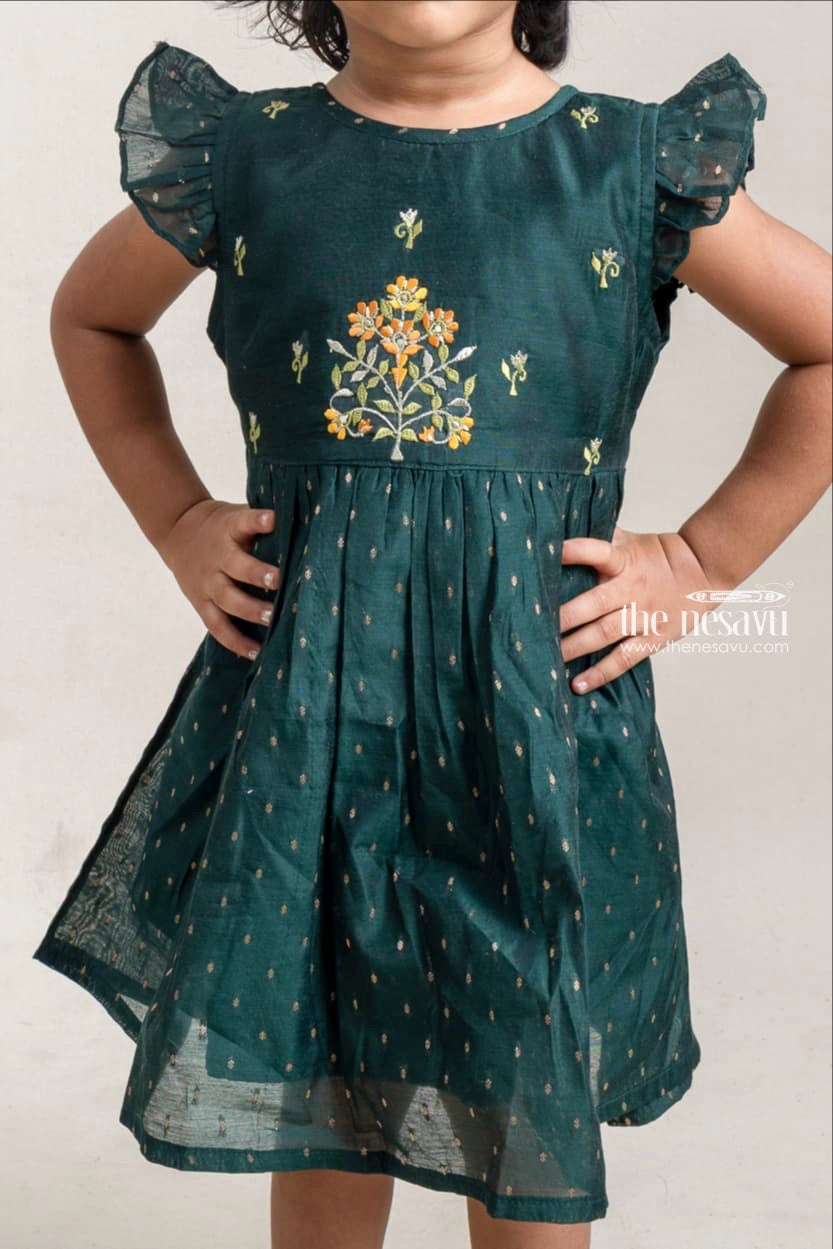 The Nesavu Girls Fancy Frock Beautiful Dark Green Floral Embroidery Chanderi Frock For Girls Nesavu Green Cotton Frock For Girls | Trendy Girls Collection | The Nesavu