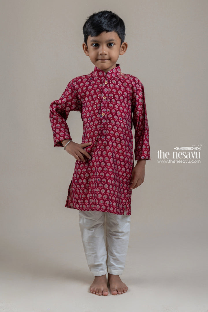 The Nesavu Boys Kurtha Set Beautiful Deeppink Floral Printed Kurta With Half White Pant For Boys Nesavu 12 (3M) / Pink / Modal BES331A-12 Kurta Suit Online For Boys | Pink Kurta Set | The Nesavu