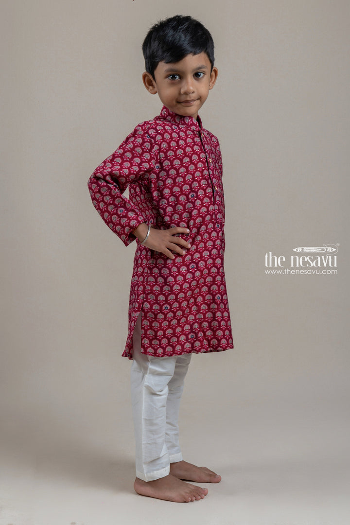 The Nesavu Boys Kurtha Set Beautiful Deeppink Floral Printed Kurta With Half White Pant For Boys Nesavu Kurta Suit Online For Boys | Pink Kurta Set | The Nesavu