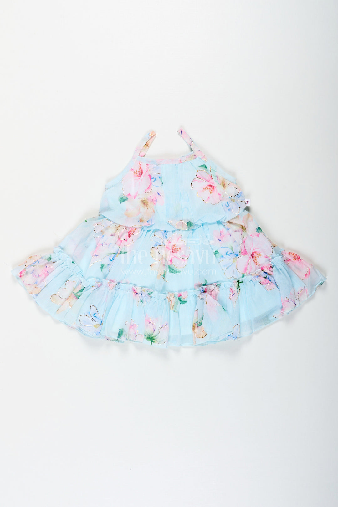 The Nesavu Baby Fancy Frock Beautiful Frock Suit for Baby Girls in Sky Blue Georgette with Multicolor Floral Design and Sun Hat Nesavu 14 (6M) / Blue BFJ785C-14 Nesavu Beautiful Frock Suit Baby Girls Sky Blue Floral Georgette Matching Hat