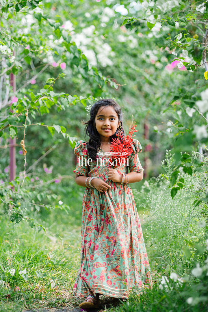 The Nesavu Girls Party Gown Beautiful Green Floral Muslin Silk Party Gown for Girls Nesavu 16 (1Y) / Green GA228C-16 Beautiful Green Floral Muslin Silk Party Gown for Girls - Stylish & Comfortable