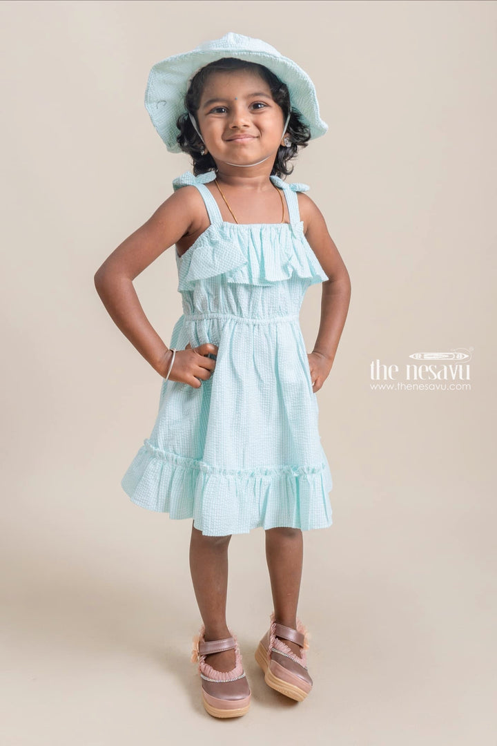 The Nesavu Baby Cotton Frocks Beautiful Green Striped Ruffled Pattern Cotton Frock With Matching Cap For Girls Nesavu 14 (6M) / Turquoise / Georgette BFJ350E-14 Affordable baby cotton frocks | Premium Frocks Online | The Nesavu