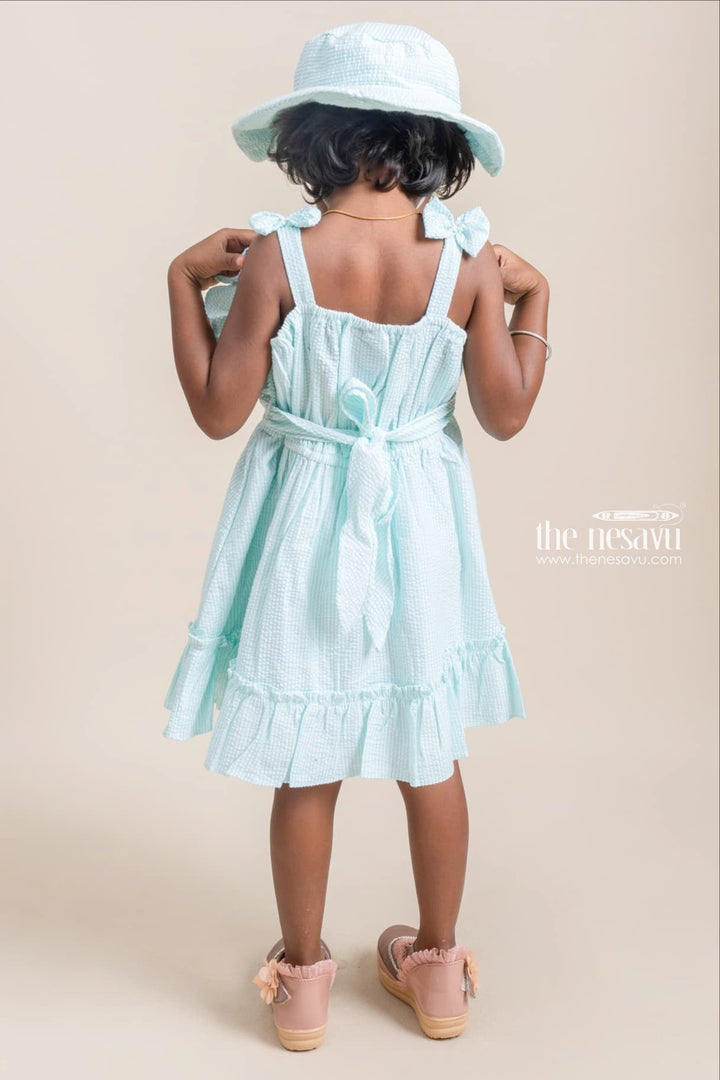 The Nesavu Baby Cotton Frocks Beautiful Green Striped Ruffled Pattern Cotton Frock With Matching Cap For Girls Nesavu Affordable baby cotton frocks | Premium Frocks Online | The Nesavu
