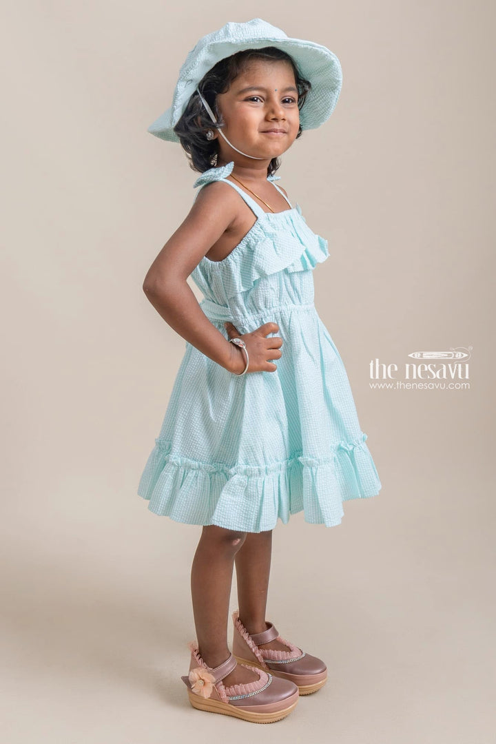 The Nesavu Baby Cotton Frocks Beautiful Green Striped Ruffled Pattern Cotton Frock With Matching Cap For Girls Nesavu Affordable baby cotton frocks | Premium Frocks Online | The Nesavu