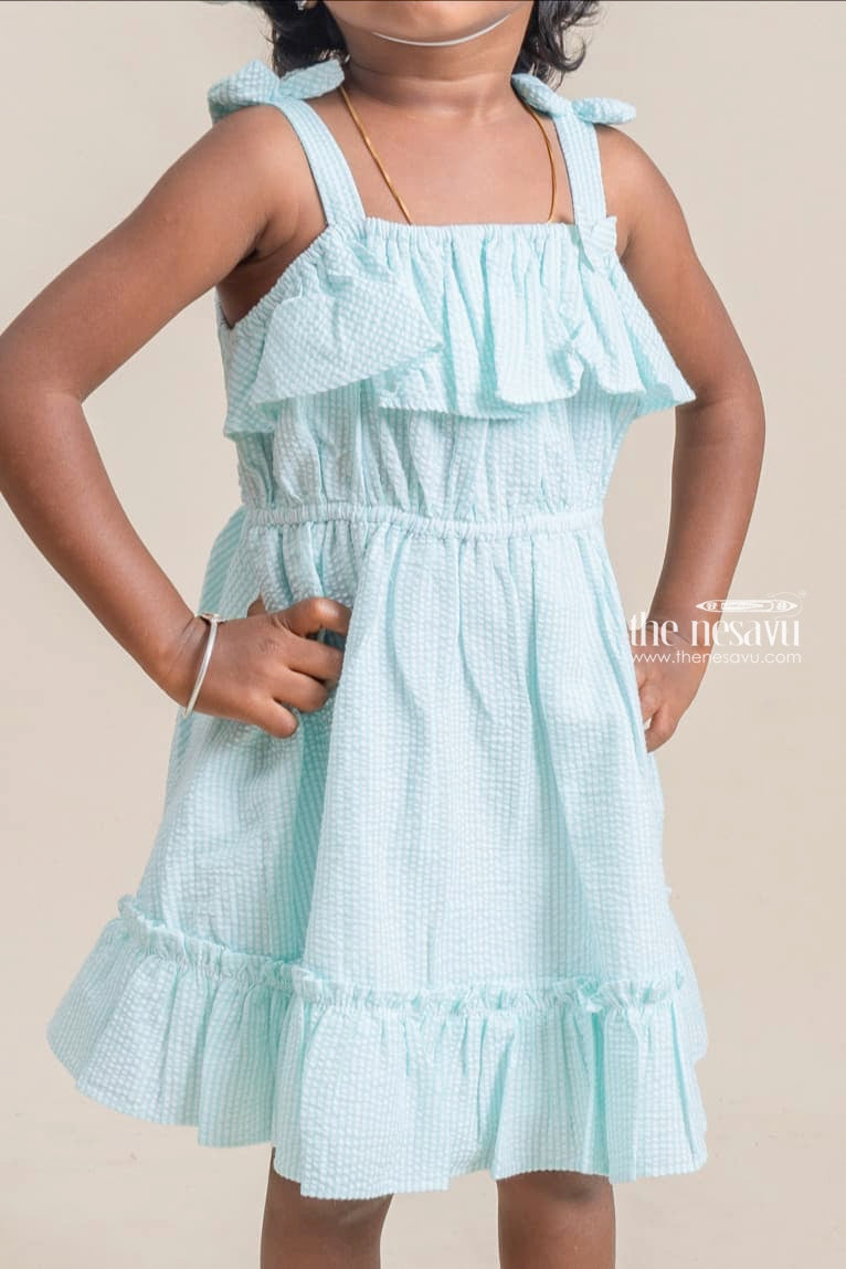 The Nesavu Baby Cotton Frocks Beautiful Green Striped Ruffled Pattern Cotton Frock With Matching Cap For Girls Nesavu Affordable baby cotton frocks | Premium Frocks Online | The Nesavu