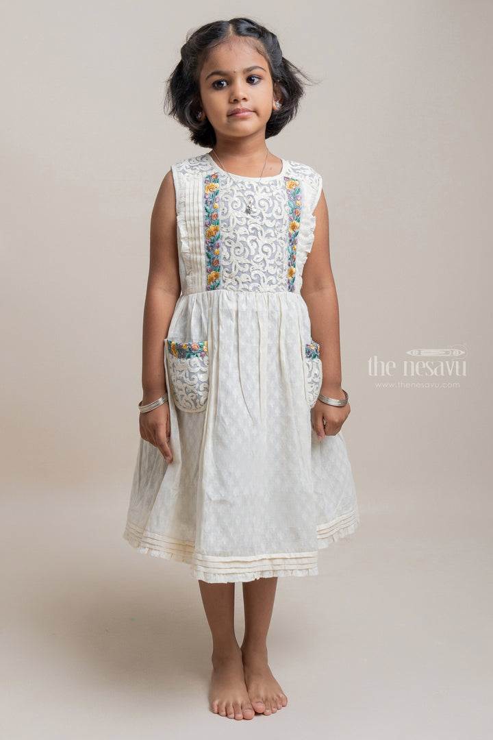 The Nesavu Girls Cotton Frock Beautiful Half White Self Butti Floral Embroidery Designer Casual Frock For Girls Nesavu 16 (1Y) / White / Cotton GFC986-16 Fantastic Collection For Girls | Cotton Wear For Girls | The Nesavu