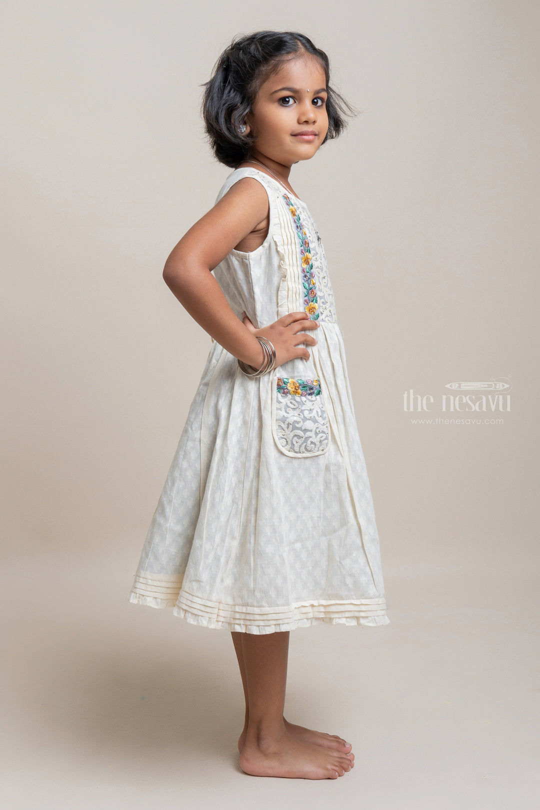 The Nesavu Girls Cotton Frock Beautiful Half White Self Butti Floral Embroidery Designer Casual Frock For Girls Nesavu Fantastic Collection For Girls | Cotton Wear For Girls | The Nesavu