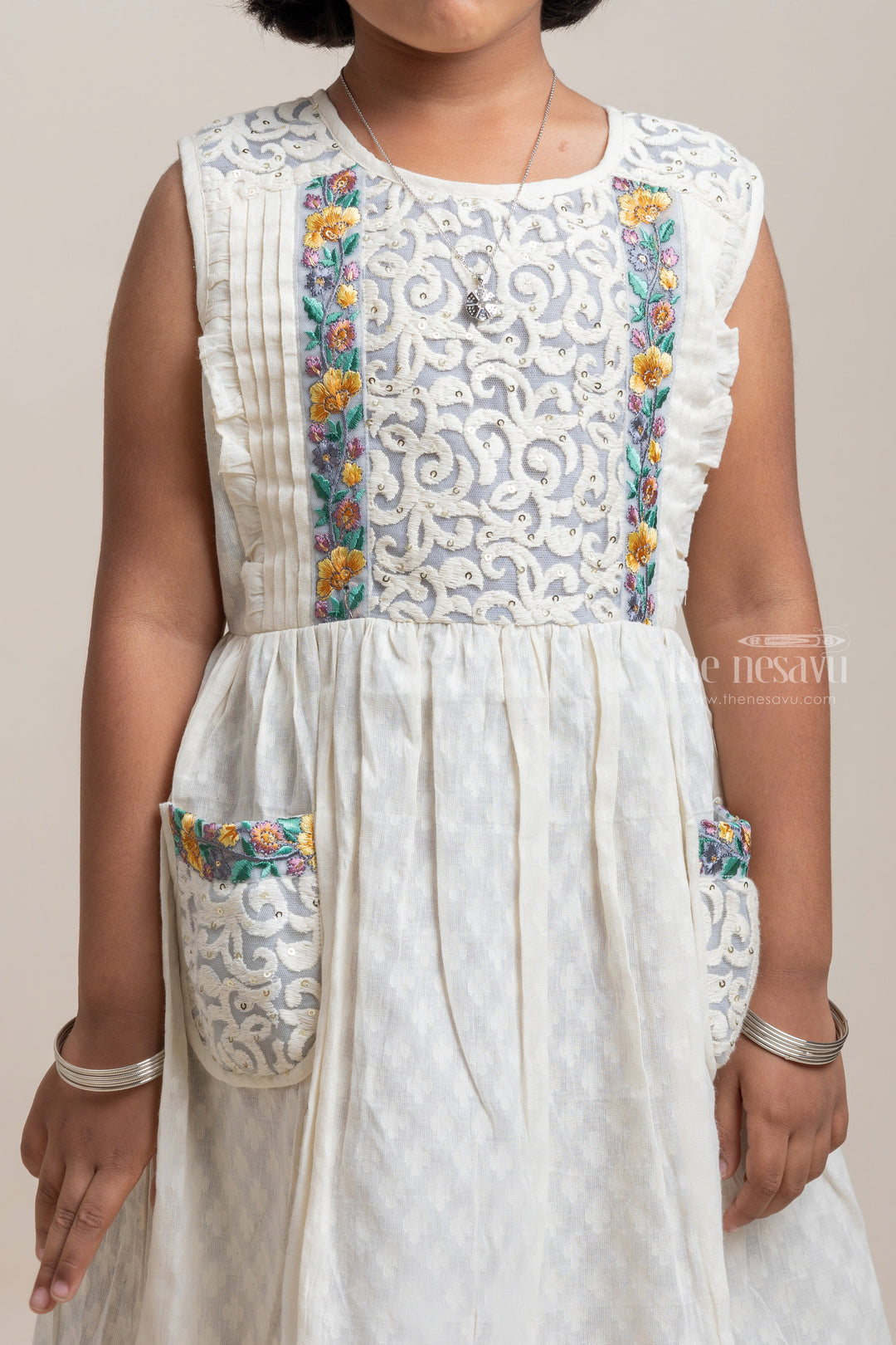 The Nesavu Girls Cotton Frock Beautiful Half White Self Butti Floral Embroidery Designer Casual Frock For Girls Nesavu Fantastic Collection For Girls | Cotton Wear For Girls | The Nesavu