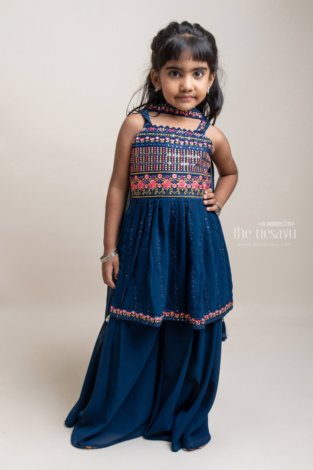 The Nesavu Girls Sharara / Plazo Set Beautiful Navy Blue Floral Embroidery Top And Solid Palazzo Suit for Girls Nesavu 16 (1Y) / Blue GPS131A-16 Premium Embroidery Top For Girls | Ethnic Wear For Girls | The Nesavu