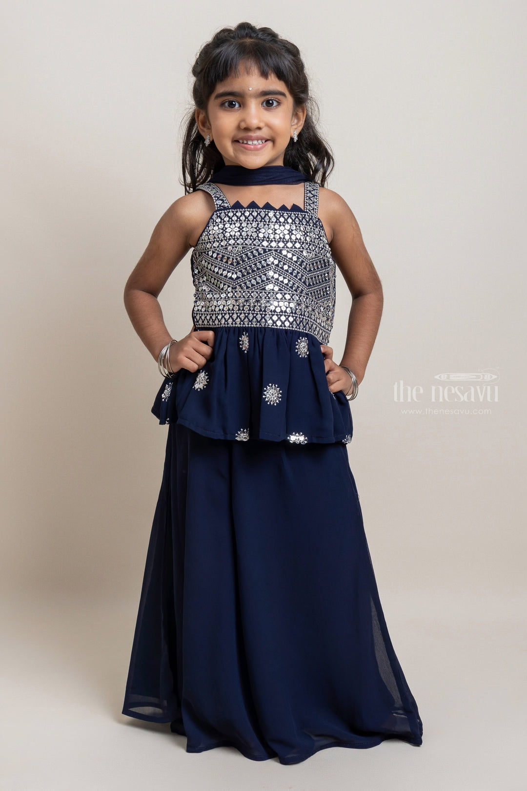 The Nesavu Girls Sharara / Plazo Set Beautiful Navy Glass Art Embroidery Tunic Tops And Palazzo Suit Set Girls Nesavu 16 (1Y) / Blue GPS118 Elegant Designer Dresses For Girls | Trendy Palazzo Collection | The Nesavu