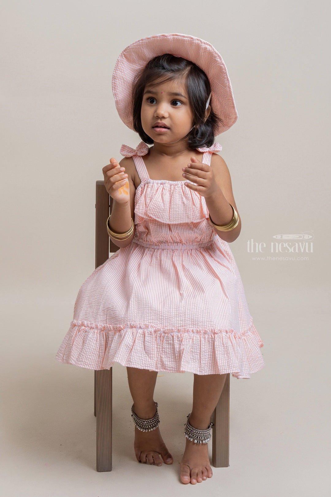 The Nesavu Baby Cotton Frocks Beautiful Orange Striped Ruffled Pattern Frock With Matching Cap For Girls Nesavu 14 (6M) / Orange / Cotton BFJ350D Affordable baby cotton frocks | Premium Frocks Online | The Nesavu