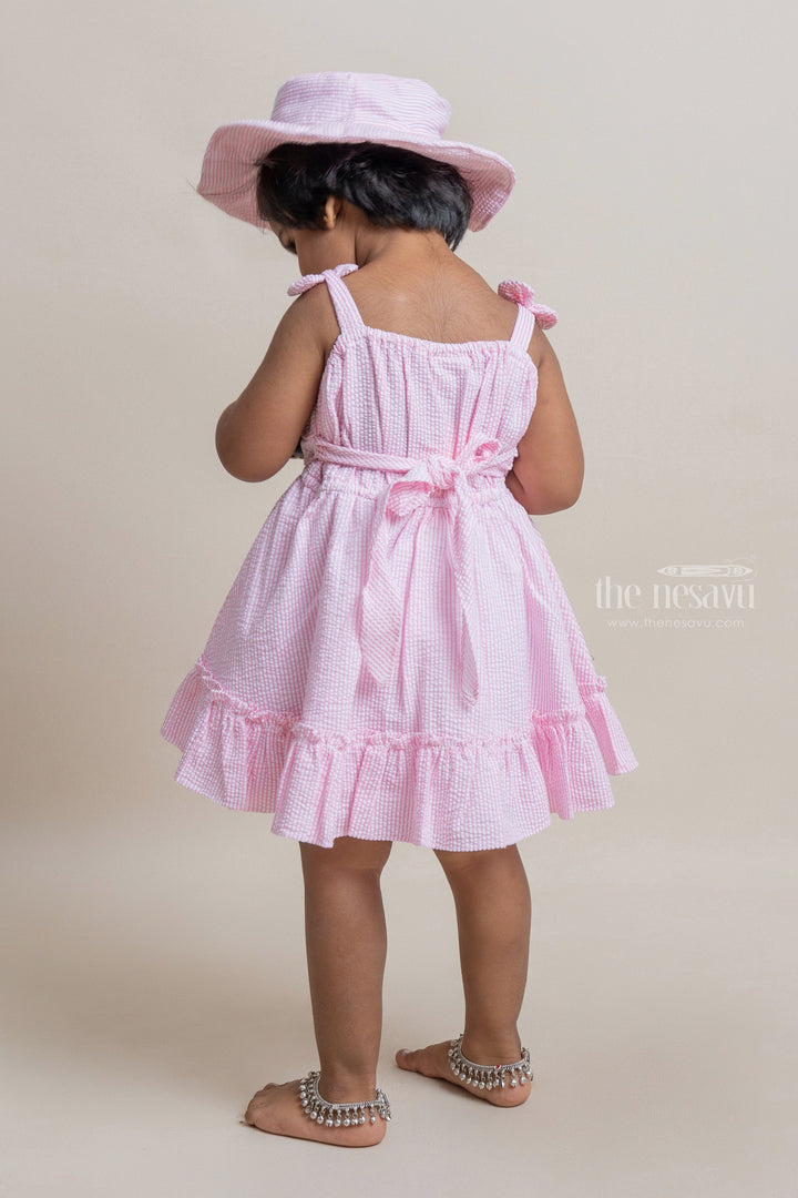 The Nesavu Baby Cotton Frocks Beautiful Pink Striped Ruffled Pattern Crush Cotton Frock With Matching Cap For Girls Nesavu Affordable baby cotton frocks | Premium Frocks Online | The Nesavu