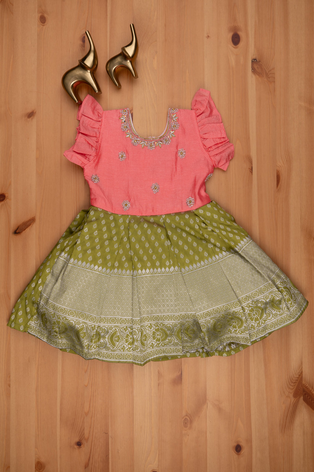 The Nesavu Silk Frock Beautiful Reshmi Frock with Salmon Pink Yoke and Brocade Designer Pleated Green Accents Nesavu 16 (1Y) / Green SF569B-16 Ethnic Silk Frock Collections For Girls | Premium Silk Gown | The Nesavu
