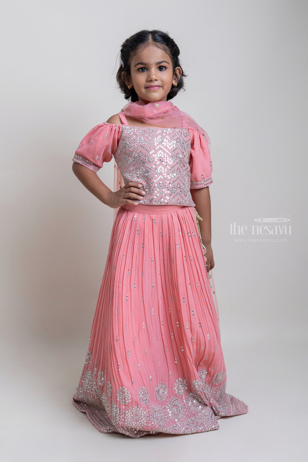 The Nesavu Lehenga & Ghagra Beautiful Salmon Pink Sequence Embroidered Choli With Designer Lehenga For Girls Nesavu 24 (5Y) / Salmon / Chiffon GL320-24 Stone art Designer Lehanga choli | Premium dress For Girls | The Nesavu