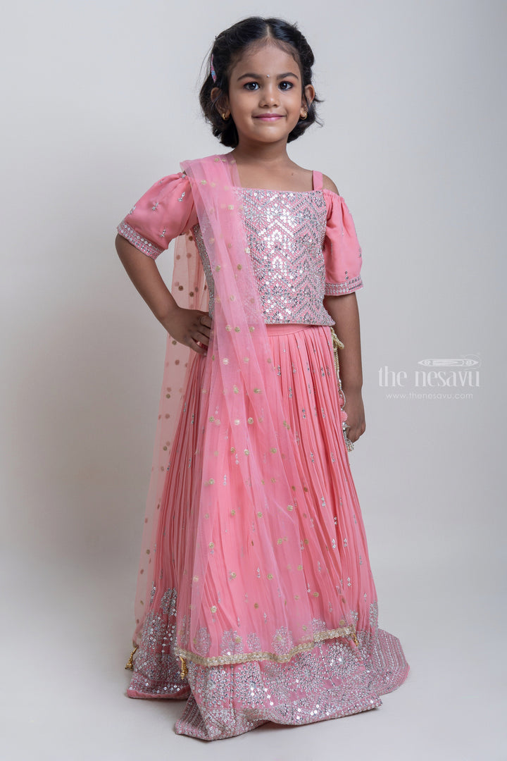 The Nesavu Lehenga & Ghagra Beautiful Salmon Pink Sequence Embroidered Choli With Designer Lehenga For Girls Nesavu Stone art Designer Lehanga choli | Premium dress For Girls | The Nesavu