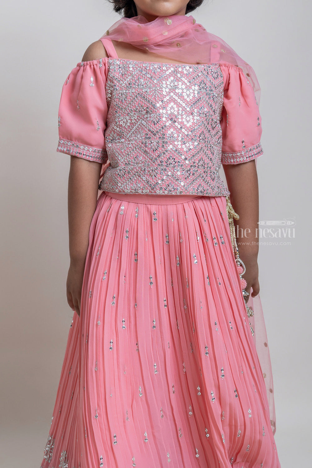 The Nesavu Lehenga & Ghagra Beautiful Salmon Pink Sequence Embroidered Choli With Designer Lehenga For Girls Nesavu Stone art Designer Lehanga choli | Premium dress For Girls | The Nesavu