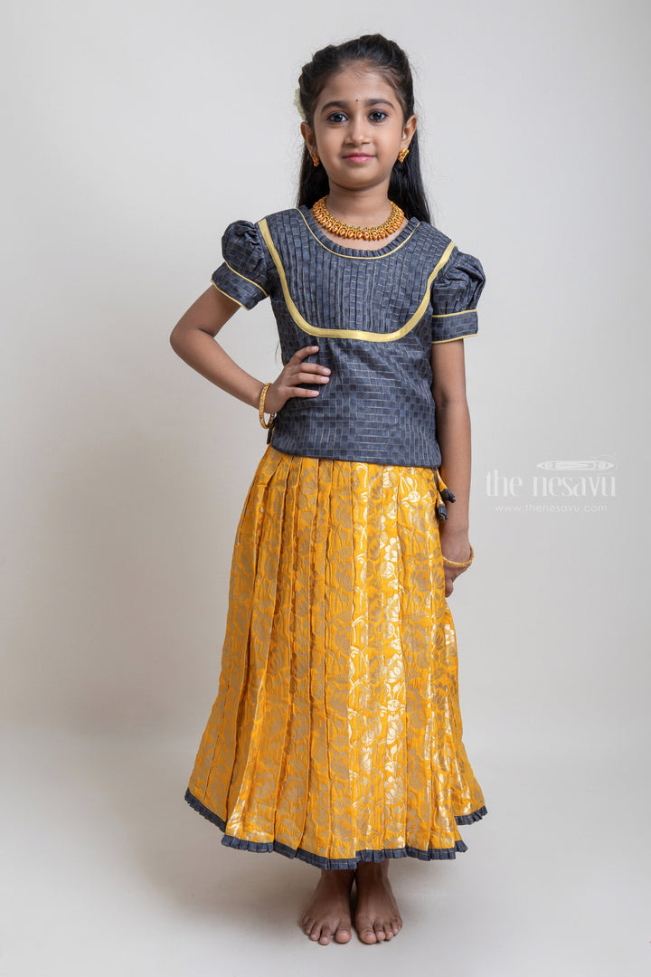 The Nesavu Pattu Pavadai Beautiful Traditional Brown Silk Blouse With Yellow Banarasi Jacquard Pleated Designer Pattu Pavadai For Girls Nesavu 14 (6M) / Yellow / Jacquard GPP254E-14 Silk Pavada For Girls | Premium Silk Frock Onine | The Nesavu