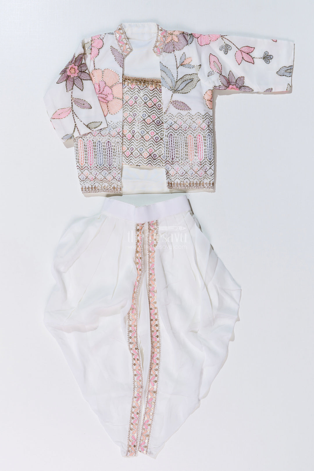 The Nesavu Girls Dothi Sets Beautiful Traditional Dresses for Girls with Embroidered Jacket and Draped Dhoti Skirt Nesavu Nesavu Beautiful Traditional Dresses Girls Embroidered Jacket Draped Dhoti