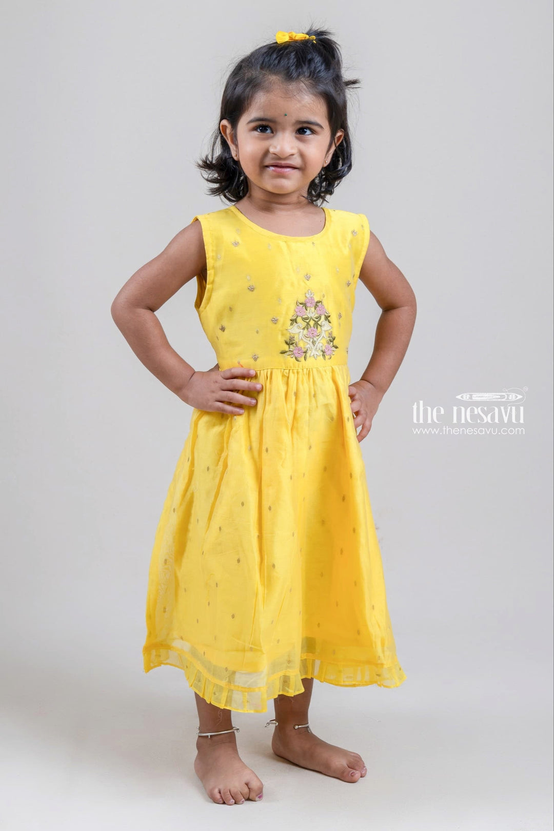The Nesavu Girls Fancy Frock Beautiful Yellow Floral Embroidered Sleeveless Frock For Little Girls Nesavu 16 (1Y) / Yellow / Chanderi GFC1046A-16 Cotton Frock For Girls | Modern Cotton Frock | The Nesavu