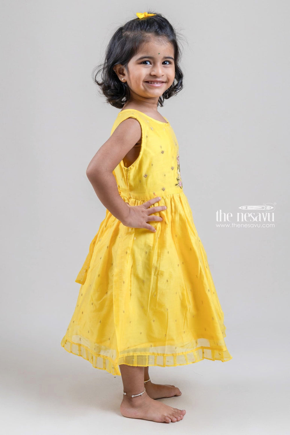 The Nesavu Girls Fancy Frock Beautiful Yellow Floral Embroidered Sleeveless Frock For Little Girls Nesavu Cotton Frock For Girls | Modern Cotton Frock | The Nesavu