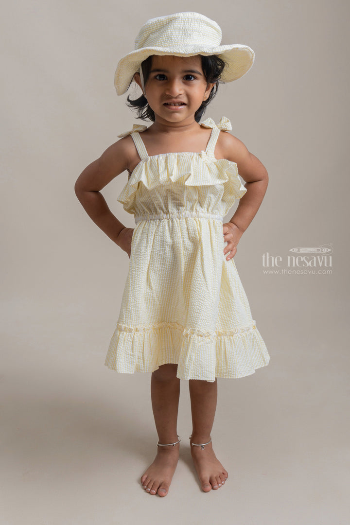 The Nesavu Baby Cotton Frocks Beautiful Yellow Striped Ruffled Pattern Cotton Frock With Matching Cap For Girls Nesavu 14 (6M) / Yellow / Cotton BFJ350B Affordable baby cotton frocks | Premium Frocks Online | The Nesavu