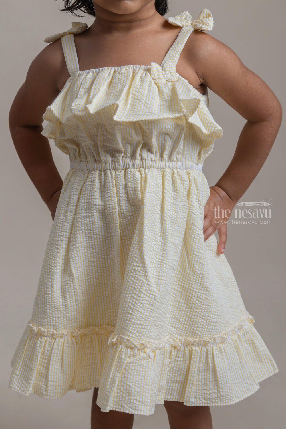 The Nesavu Baby Cotton Frocks Beautiful Yellow Striped Ruffled Pattern Cotton Frock With Matching Cap For Girls Nesavu Affordable baby cotton frocks | Premium Frocks Online | The Nesavu