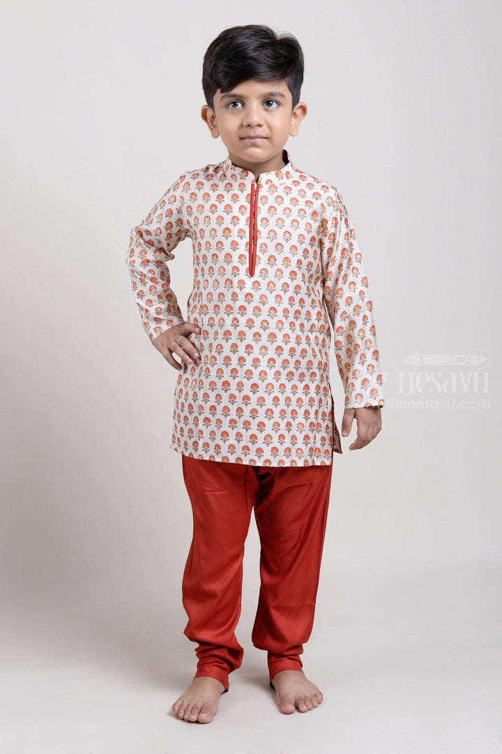 The Nesavu Boys Kurtha Set Beige All Over Floral Printed Boys Kurta with Brown Pant Nesavu 12 (3M) / Beige / Modal BES343A Shop Beige All Over Floral Printed Boys Kurta with Brown Pant Online | Festive and Party Wear | The Nesavu